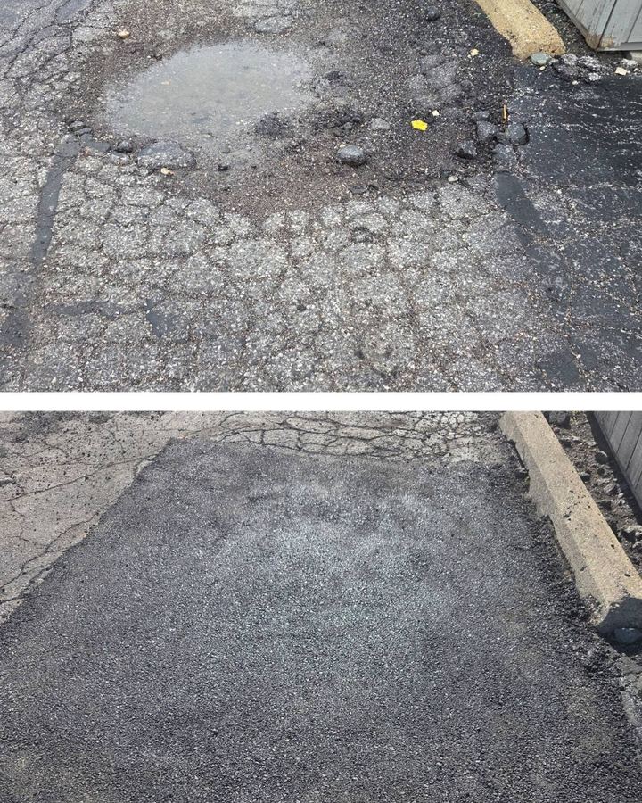 Before and after of a pothole patched with new asphalt